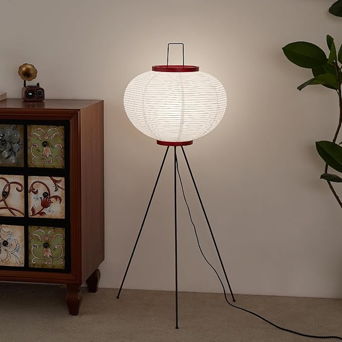 Living Room Decor FLIOPIO Japanese Rice Paper Floor Lamp - 3000K Color Bulb Included 49.2 Inches White Akari Standing Light - Handmade Japandi Noguchi Lamp with Lantern Lamp Shade