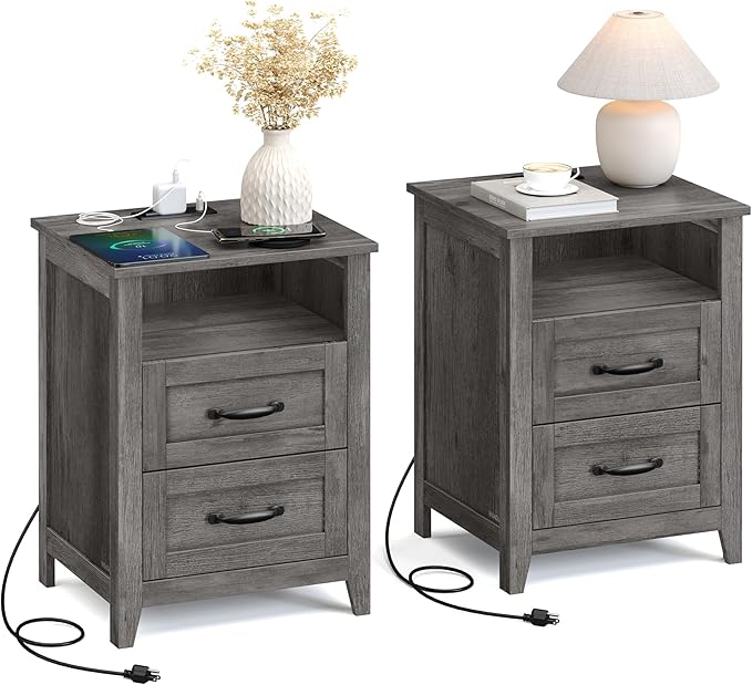 Bedroom Furniture VASAGLE VASAGLE LIRY Collection - Farmhouse Nightstands with Charging Station, Set of 2 Bedside Tables, Side Tables with 2 Drawers, Open Compartment, for Bedroom,