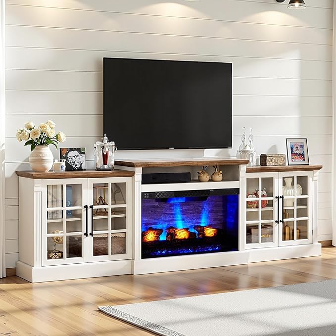 Living Room Furniture AMERLIFE AMERLIFE 97" Farmhouse Fireplace TV Stand, Entertainment Center with Large Storage Space and Adjustable Shelf, Media Console for Living Room, White/B