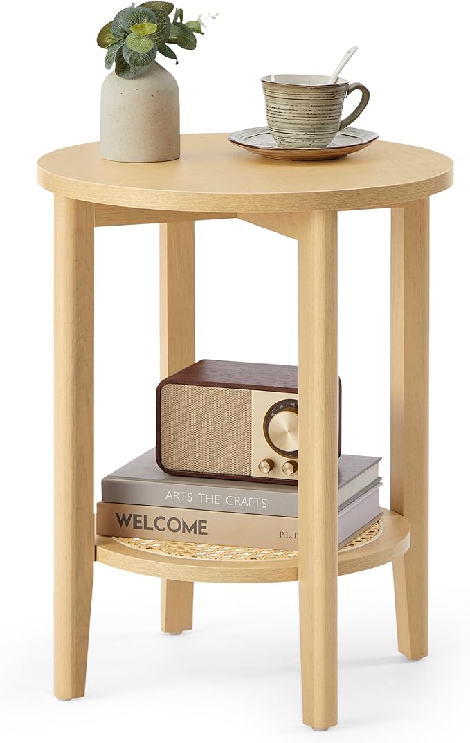 Bedroom Furniture VASAGLE VASAGLE Round Side End Table, 2-Tier Boho Bedside Table with Rattan-Look Storage Shelf, Nightstand for Small Spaces, for Living Room, Bedroom, Home Office