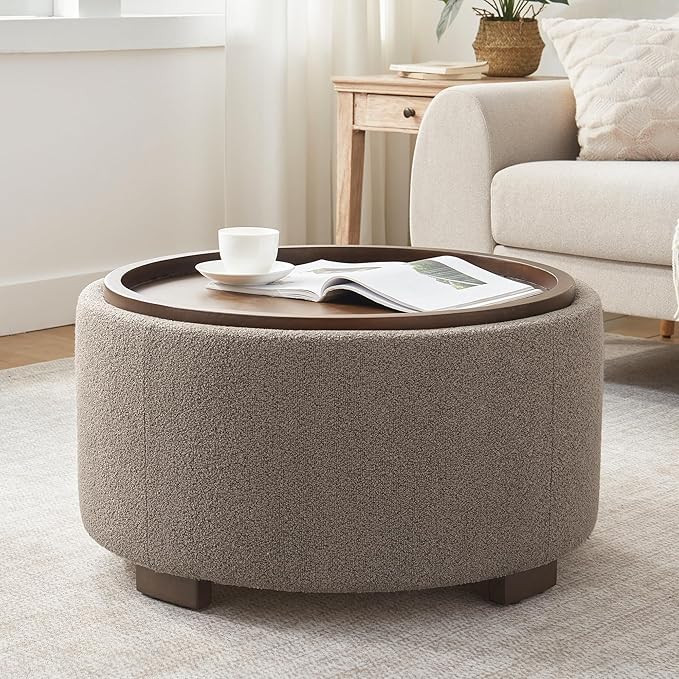 Living Room Furniture Zihanhome 30 Inch Round Storage Ottoman Coffee Table, Modern Boucle Ottoman with Lift-Off Lid and Solid Wood Legs for Living Room, Bedroom, Corners, Apartment
