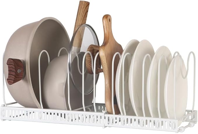 Kitchen Organisation WUETOAYA Expandable Pots and Pans Organizer Rack, Pot Lid Kitchen Cabinet Organizer Holder with 10 Adjustable Compartment, Cookware Rack for Kitchen Cabinet St
