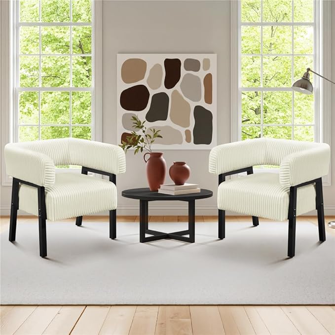 Living Room Furniture Yaheetech Accent Chair Set of 2 with Pocket Coiled Seat, Corduroy Living Room Barrel Chair Comfy Modern Sofa Armchair for Small Space Bedroom Reading, Beige