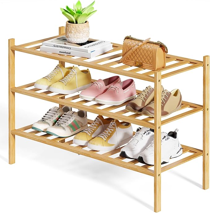 Bathroom Storage Kitsure Kitsure Bamboo Wooden Shoe Rack for Closet - Stackable Shoe Organizer with Modular Structure