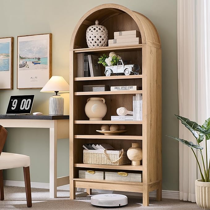 Living Room Furniture IFGET 71" Tall Arched Bookshelf, 7 Tiers Arch Bookcase with Storage, Modern Farmhouse Book Shelf with Adjustable Shelves, Wood Bookshelf w/Open Display Shelve