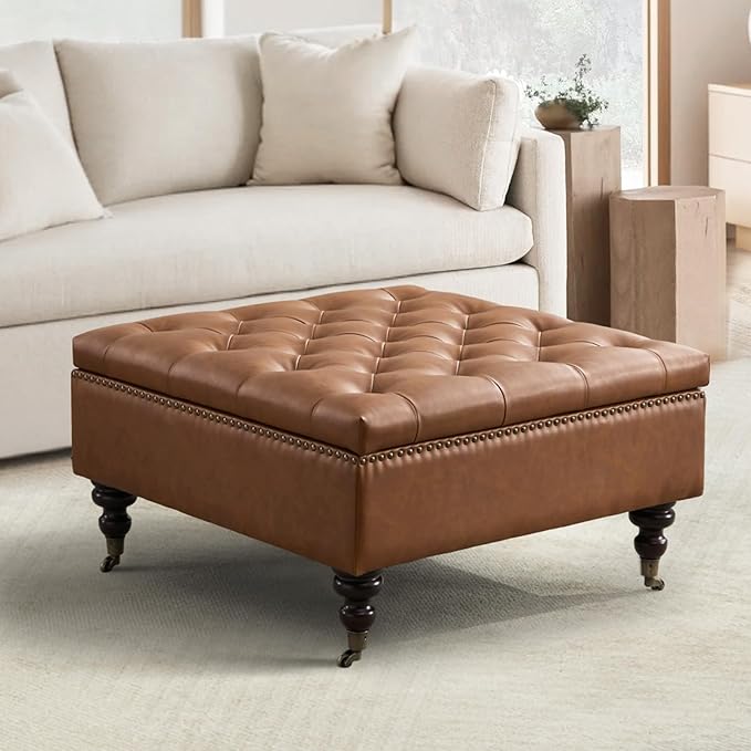 Living Room Furniture FriFurne Square Storage Ottoman Coffee Table Tufted Upholstered Large Ottoman with Storage with Rolling Wheels Oversized Footrest Ottomans for Living Room, Brown Faux Leather