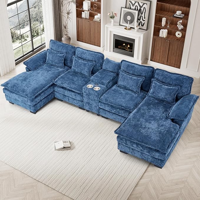 Kitchen Furniture ONEMMLION 133" Oversized U Shaped Cloud Couch Modular Sectional Couches for Living Room Comfy Chenille Deep Seat Sofa Set with Double Chaise Lounge, Storage Centr