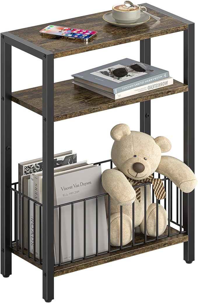 Bedroom Furniture Yoobure Yoobure Narrow Side Table with Storage Basket, Small End Table for Small Spaces Skinny Side Tables Living Room Bedroom, Slim Nightstand 3 Tier Bedside Tab