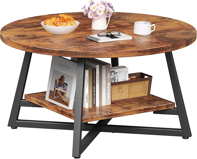 Living Room Furniture Homeiju Round Coffee Table, Small Circle Coffee Table with Storage, Modern Wood Round Center Table for Living Room, Home Office, Small Space, Easy Assembly, R