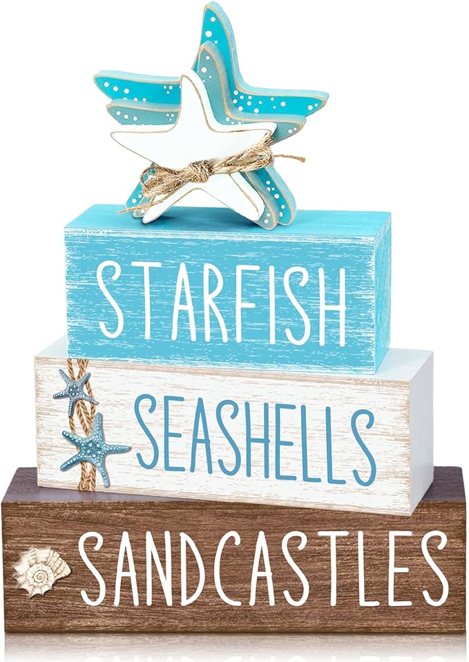 Living Room Decor Yuntau Yuntau 4 Pcs Beach Summer Table Decor Starfish Seashell Coastal Wooden Block Sign Ocean Tiered Tray Decor Farmhouse Table Centerpieces Rustic Nautical Deco