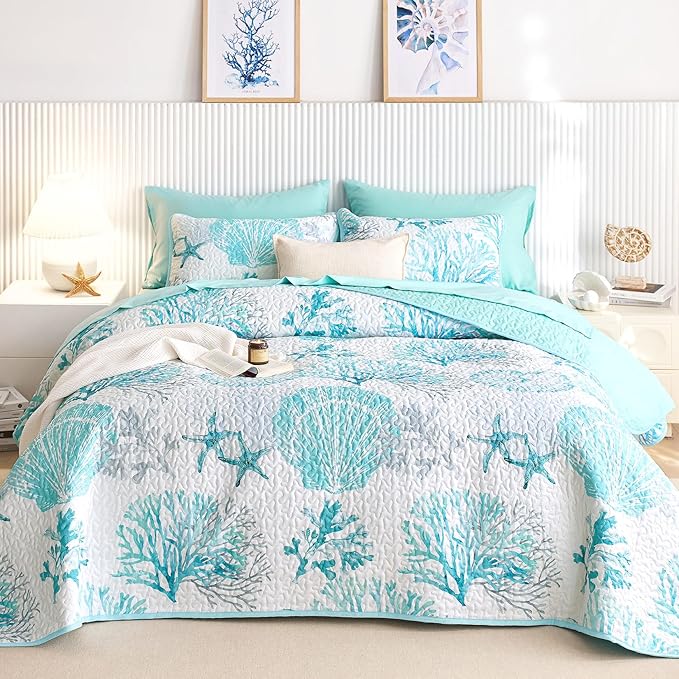 Bedroom Decor Wake In Cloud Wake In Cloud - Coastal Quilt Set, Nautical Ocean Beach Themed Tropical Summer Patterned, Reversible Lightweight Bedspread Coverlet, 3 Pieces, Aqua Turq