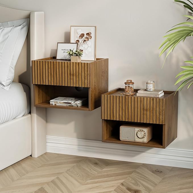 Bedroom Furniture Lazzanto Floating Nightstand Bedroom Bedside Table - Floating Night Stand Set 2 for Small Spaces, Wall Mounted Cabinet with Storage Drawer, Brown Modern Night Sta