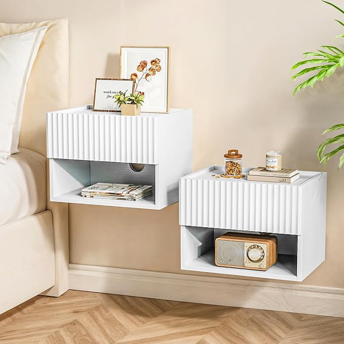 Bedroom Furniture Lazzanto Floating Nightstand Bedroom Bedside Table - Wood Night Stand Set 2 for Small Spaces, Wall Mounted Cabinet with Storage Drawer, White Modern Night Stand f