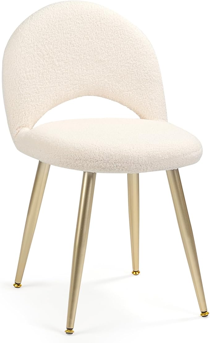 Bedroom Furniture 2BYF Vanity Chair with Adjustable Backrest, Boucle Upholstery Armless Makeup Stool, Cream White Sherpa Vanity Stool with Gold Metal Legs for Bedroom Living Room K