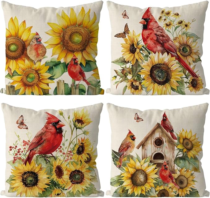 Living Room Decor GAGEC GAGEC Summer Pillow Covers 18x18 Inch Set of 4 Cardinal Sunflower Decorative Throw Pillow Covers Seasonal Holiday Cushion Case Farmhouse Home Sofa Living Ro
