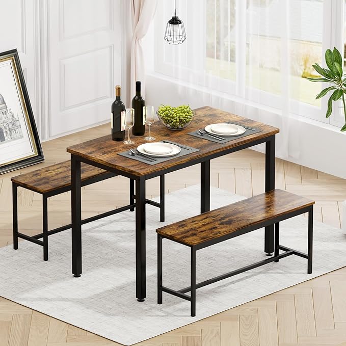 Living Room Furniture Rovibek Rovibek 43" Dining Room Table Chairs Set for 4, Modern Space Saving Kitchen Table with 2 Benches & Adjustable Feet Breakfast Table, Wooden Industrial
