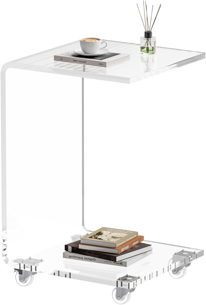 Living Room Furniture NEJHC Acrylic Side Table with Wheels, Movable C Shaped Sofa Table with Storage, Rolling Nightstand, Clear End Table for Living Room, Bedroom, Office, Bedside,
