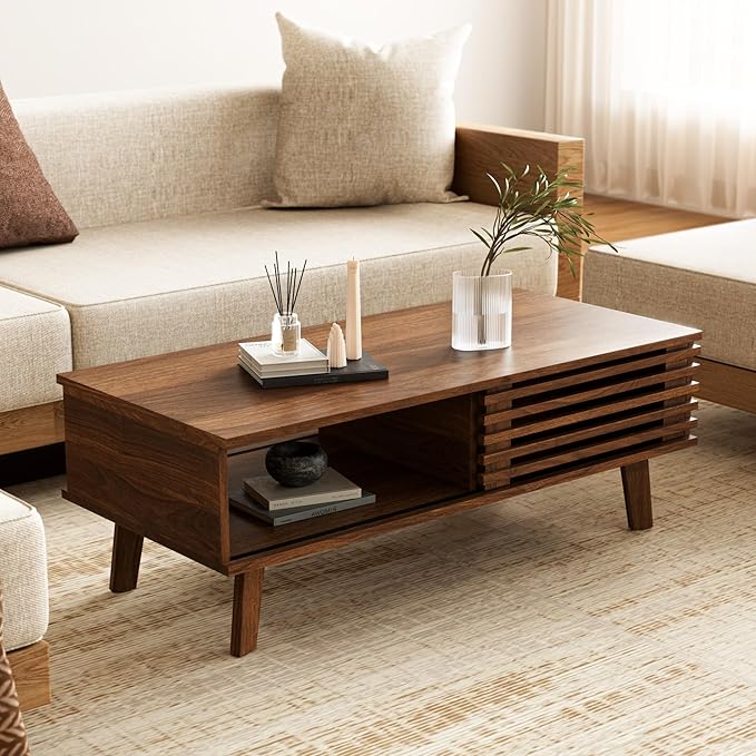 Living Room Furniture Furniway Mid Century Modern Coffee Table, Wood Coffee Table with Storage, Farmhouse Table for Living Room, Apartment, Walnut