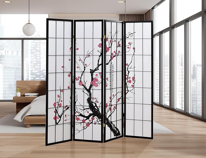 Living Room Furniture GTU Furniture GTU Furniture 4-Panel Japanese Shoji Room Divider Oriental Wood Screen for Home & Office(Cherry Blossom)