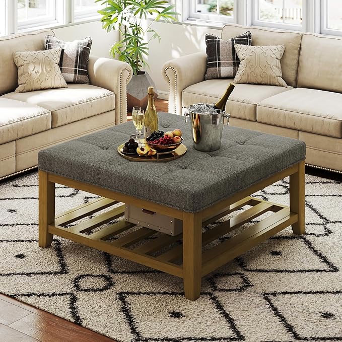 Living Room Furniture Befurtori Large Square Ottoman Coffee Table, Linen Solid Upholstered Footrest Ottoman with Solid Wood Shelf Storage Tufted Coffee Table for Bedroom Living Room, Granite