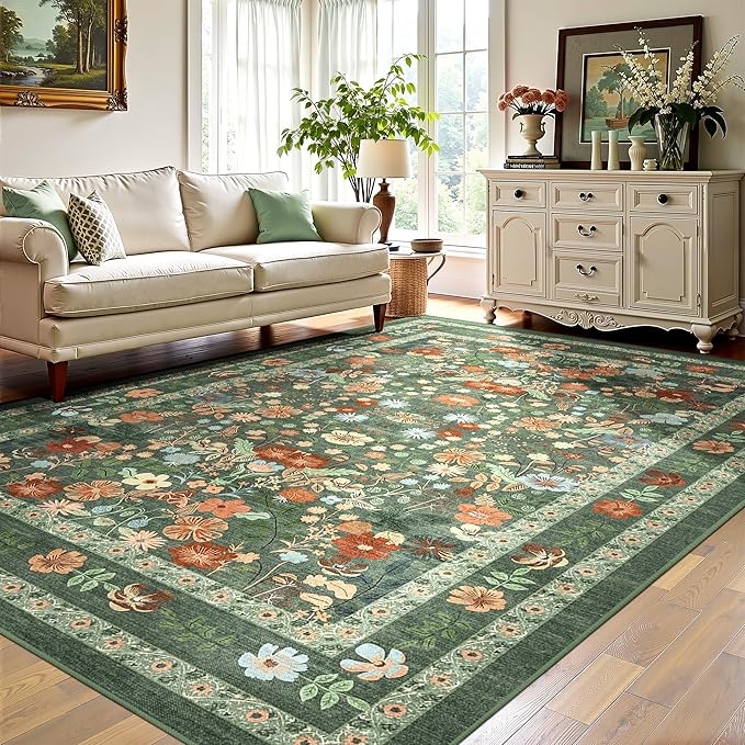 Kitchen Decor Deerly Deerly Green Floral Area Rug 5x7 Vintage Boho Washable Non-Slip Living Room Carpet Soft Low Pile Thin Bedroom Floor Mat Indoor Home Decor for Dining Room