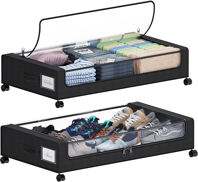 Bedroom Storage Tututry Under Bed Storage with Wheels, XXL 60L Under the Bed Storage Bins, Underbed Storage Containers with Lids & Label, Rolling Metal Drawer for Shoes, Clothes, B