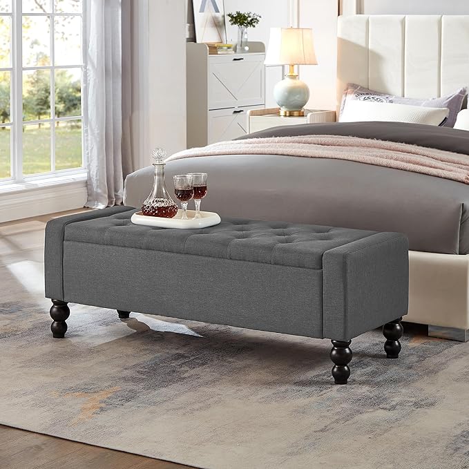 Bedroom Furniture DRM‘SCUUM 50" W Storage Ottoman Bench with Safety Hinge, Load up to 660 lb Ottoman with Storage, Upholstered Tufted Entryway Bench with Seating for Living Room, Bedroom, Entryway, Dark Gray