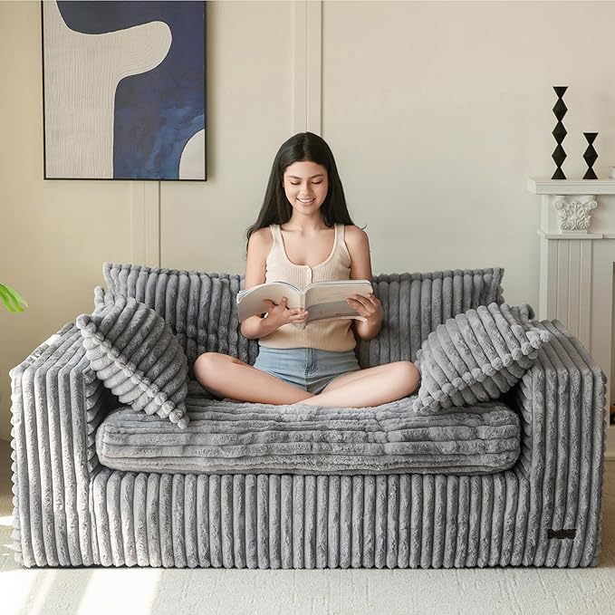 Living Room Furniture MAXYOYO MAXYOYO 59" Bean Bag Sofa Couch, Loveseat Boneless Couch in a Box, Upholstered Small Mini Sofa with Deep Seating for Living Room Bedroom Office Apartm