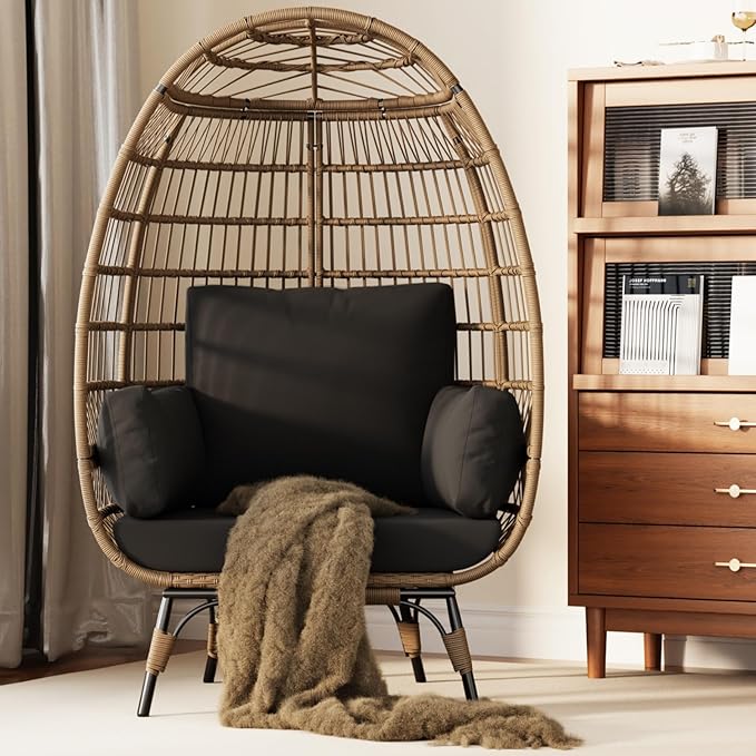 Bedroom Furniture GarveeLife GarveeLife Oversize Rattan Egg Chair Indoor/Outdoor Wicker Egg Basket Lounge Chair Egg-Shaped Chair w/Steel Frame Stand and 4 Cushions for Patio, Porch