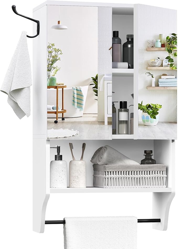 Bathroom Furniture MAHANCRIS Bathroom Wall Cabinet with Mirror, Medicine Cabinet with 2 Door and Adjustable Shelf, Wall Mounted Over The Toilet Storage Cabinet with Towel Bar