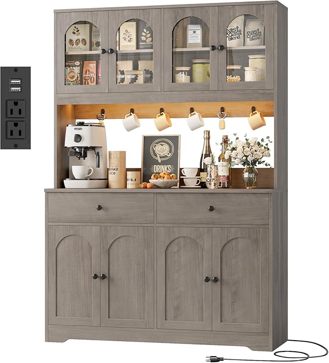 Living Room Furniture HIFIT HIFIT 71" LED Kitchen Pantry Cabinet with Power Outlet, Large Kitchen Hutch Storage Cabinet with Arched Door, Shelves, 2 Drawer, Tall Farmhouse Coffee Bar