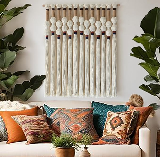 Living Room Decor Flber Flber Macrame Wall Hanging Boho Wall Art Handmade Spherical Knot Design with Tassel Fringe, Boho Decor for Bedroom Living Room, for Home Decoration 27" W x 