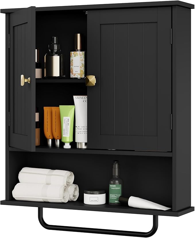 Bathroom Furniture RRX RRX Bathroom Cabinet Wall Mounted Medicine Cabinets with Towels Bar, Over The Toilet Storage Cabinet with 2 Doors and Adjustable Shelf, White Wall Cabinet fo
