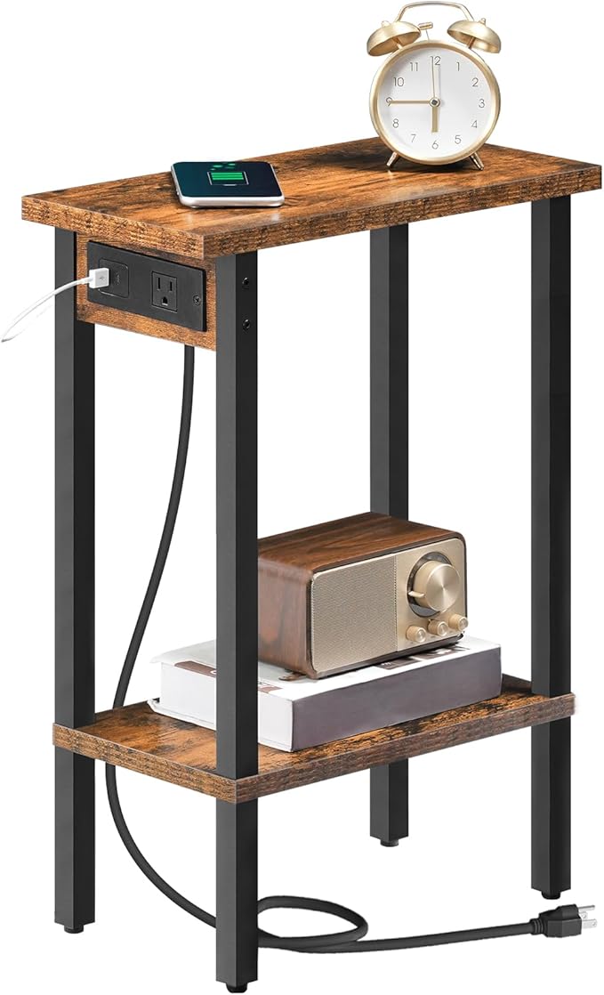 Bedroom Furniture HOOBRO HOOBRO Narrow Side Table, 2-Tier Slim End Table with Charging Station, Skinny Nightstand with Open Storage, for Small Spaces, Living Room, Bedroom, Study