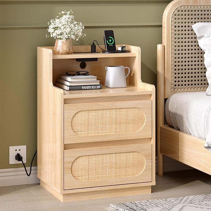 Bedroom Furniture VINGLI VINGLI Rattan Nightstand with Charging Station, Boho Nightstand with Drawers and Shelves, Wood Night Stand Bedroom, Real Rattan Bed Side Table/End Table，17