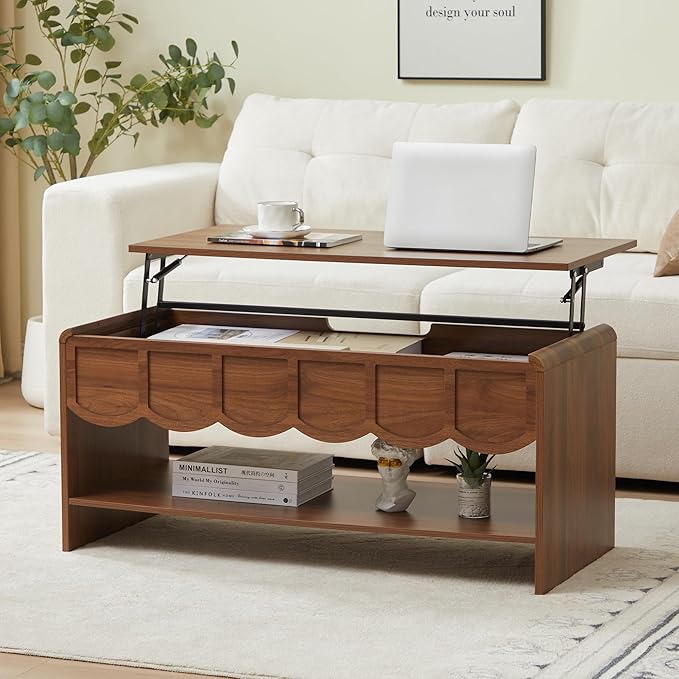 Living Room Furniture ORRD Lift Top Coffee Table with Hidden Compartment, 2 Tier Wooden Center Table with Wave Panel, Modern Lift Tabletop for Home Living Room Office, Walnut