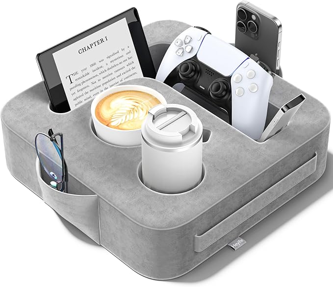 Living Room Organisation Heyife Couch Cup Holder Pillow, Sofa and Bed Caddy for iPad, Kindle, Switch, Game Controller, Remotes, Phones, Small-Sized Cup & Drink Holder for Couch, Be