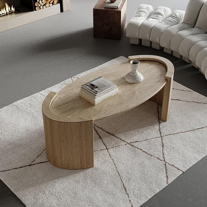 Living Room Furniture homary homary 43" Japandi Oval Travertine Stone Top Coffee Table – Double Pedestal Oval Coffee Table with Natural Beige Stone Surface and Engineered Wood Base