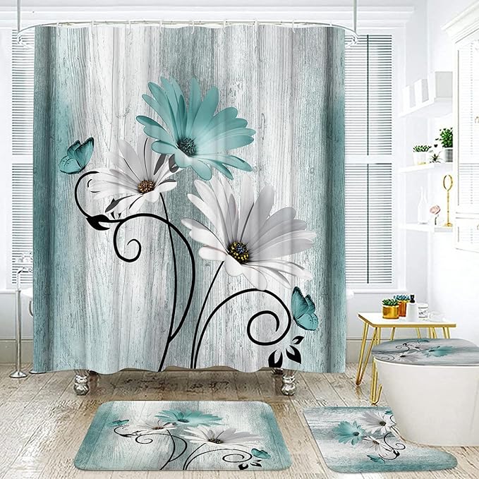 Bathroom Storage Onlalasyc Teal Daisy Country Farmhouse Shower Curtain Set