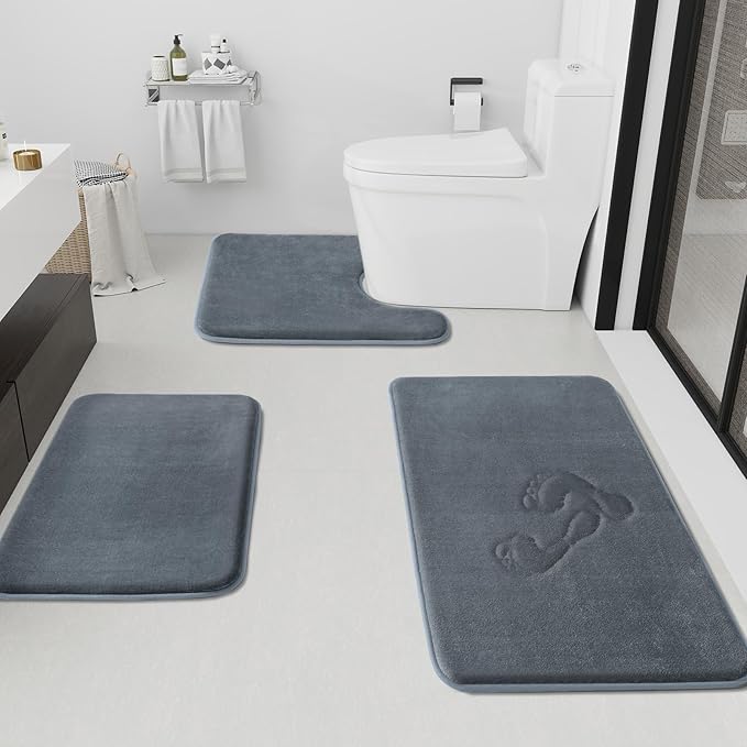 Bathroom Decor HUXMEYSON HUXMEYSON Bathroom Rugs Sets 3 Piece, Non-Slip & Quick Dry Bath Mat Set, Ultra Soft Velvet Bath Rugs for Bathroom, Toilet and Shower Floor, Grey