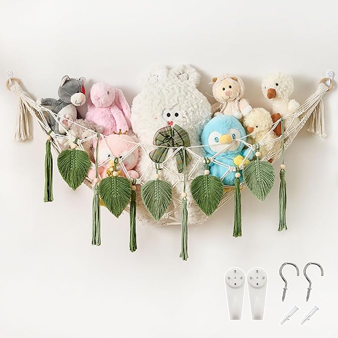 Bedroom Storage Pretty Jolly Stuffed Animal Hammock with Leaves and Tassels Moon Shaped Boho Macrame Wall Hanging Organizer, Hanging Stuffed Animal Storage, Nursery Room Decor for Girls Boys