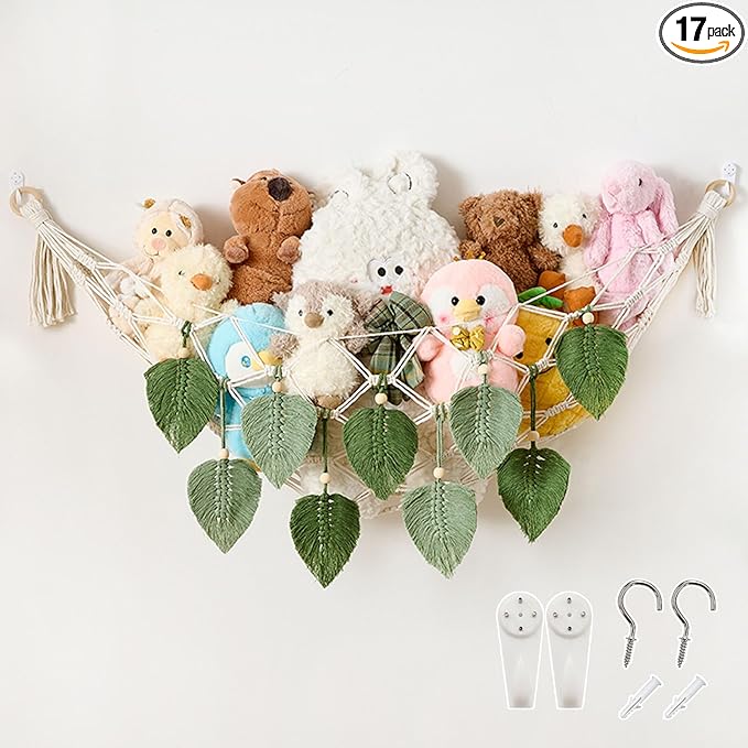 Bedroom Storage Pretty Jolly Stuffed Animal Hammock with Leaves Moon Shaped Boho Macrame Wall Hanging Organizer, Hanging Stuffed Animal Storage, Nursery Room Decor for Girls Boys