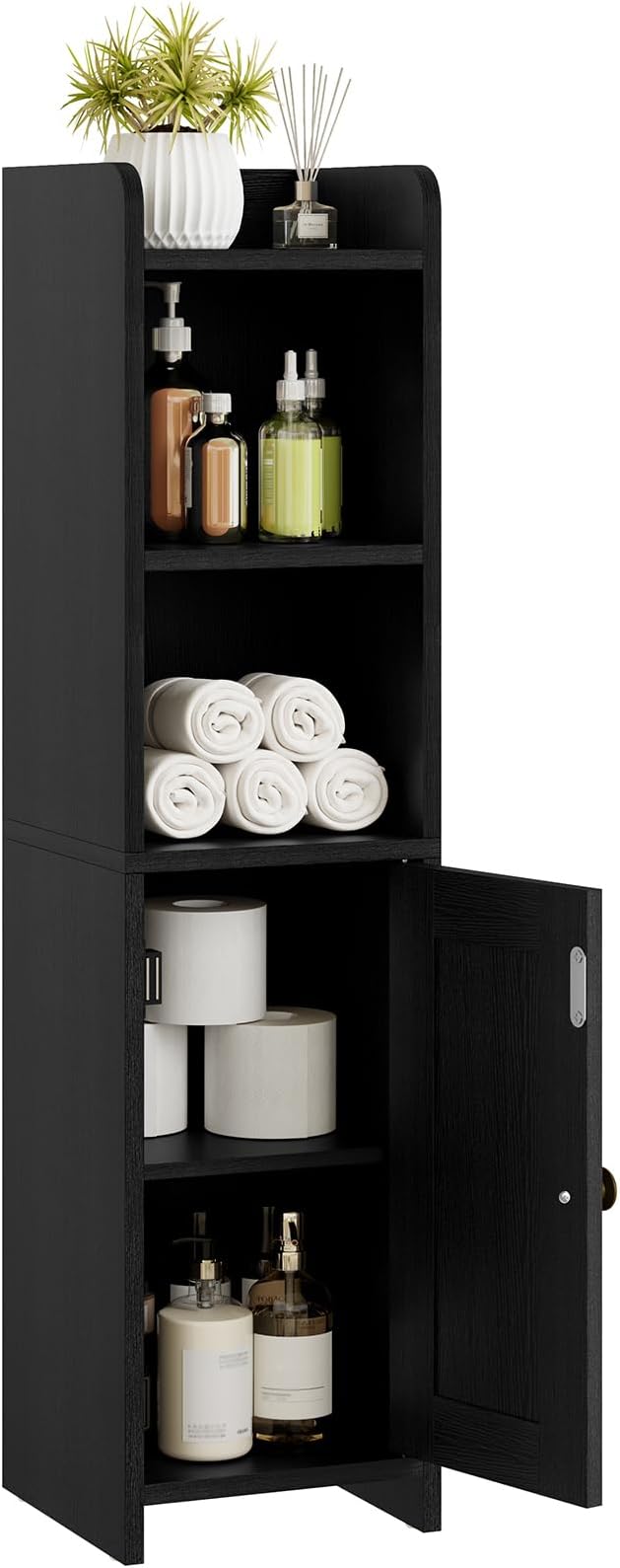 Bathroom Furniture Lomojo Small Bathroom Storage Cabinet Corner, Floor Cabinet with Adjustable Shelves, Freestanding Narrow Bathroom Toilet Paper Organizers for Small Spaces (Black