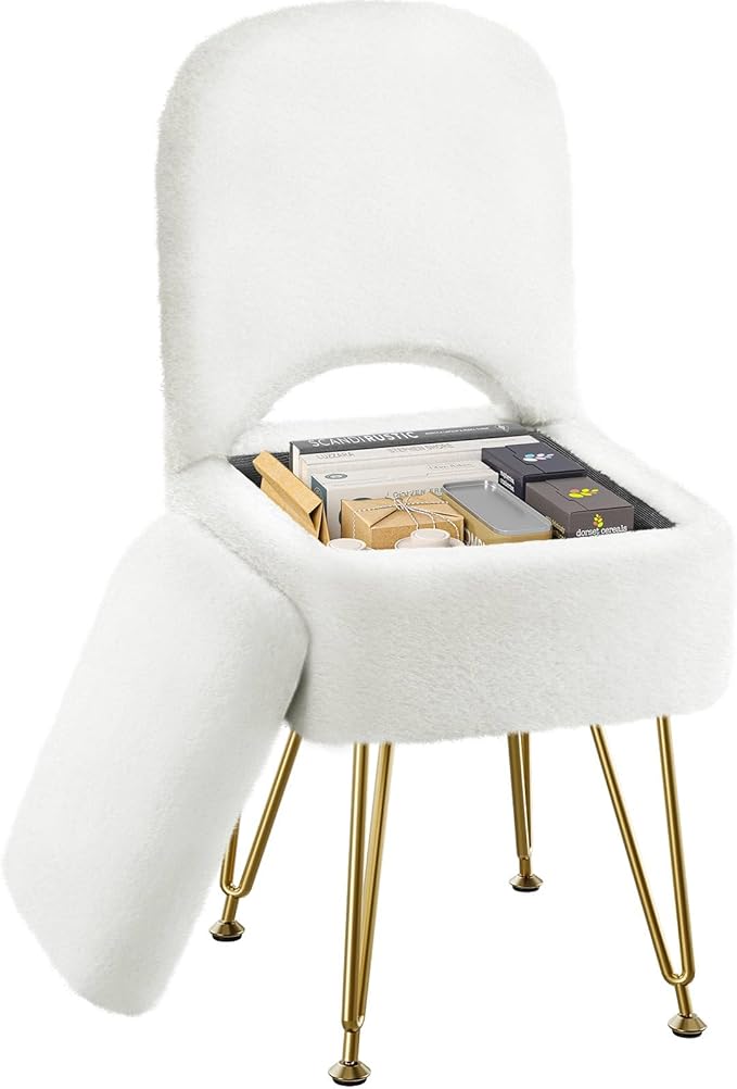 Bedroom Furniture GREENSTELL GREENSTELL Small Vanity Stool Chair with Storage and Folding Back, 13.4" x 15" x 30" Square Faux Fur Soft Ottoman, 4 Metal Legs with Anti-Slip Feet, Fu