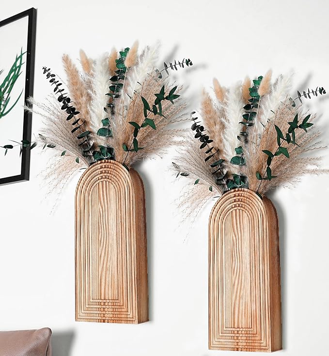 Living Room Decor QQBABO Set of 2 Wooden Vases with Pampas Grass and Eucalyptus – Boho Decor for Living Room, Modern Farmhouse Entryway or Bathroom, Rustic Art for Home Decoration