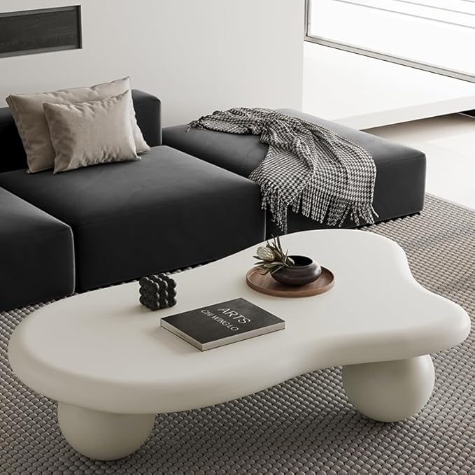 Living Room Furniture BSYEIO 47.2” Cloud Coffee Table with 3 Ball Legs, Modern Irregular Center Table for Living Room, Low Cute Small MDF Tea Table for Bedroom, Space Apartment Cream White