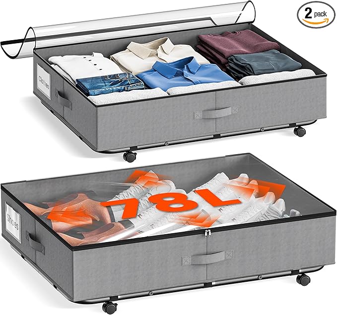 Bedroom Storage GEMWON XXXL 78L Under Bed Storage with Wheels, Rolling Storage Containers with Clear Lid & Label, Heavy-Duty Metal Frame, Easy Pull-out, Underbed Storage Bins for C