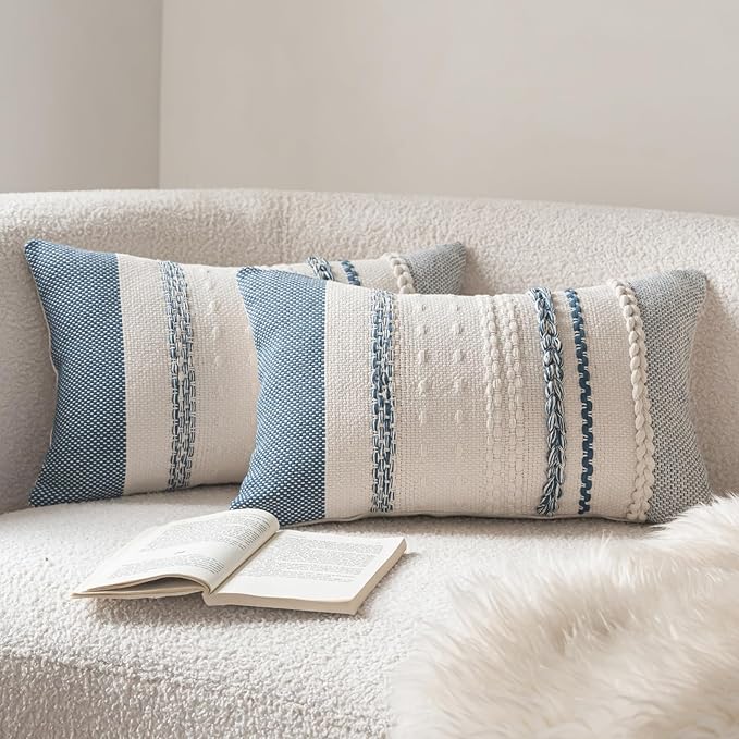 Bedroom Decor Cethom Cethom Boho Throw Pillow Covers 12x20 Inch Set of 2, Blue Textured Decorative Couch Pillow Cases for Farmhouse Home Decor, Accent Cushion Cover for Sofa, Bed, Living Room, B