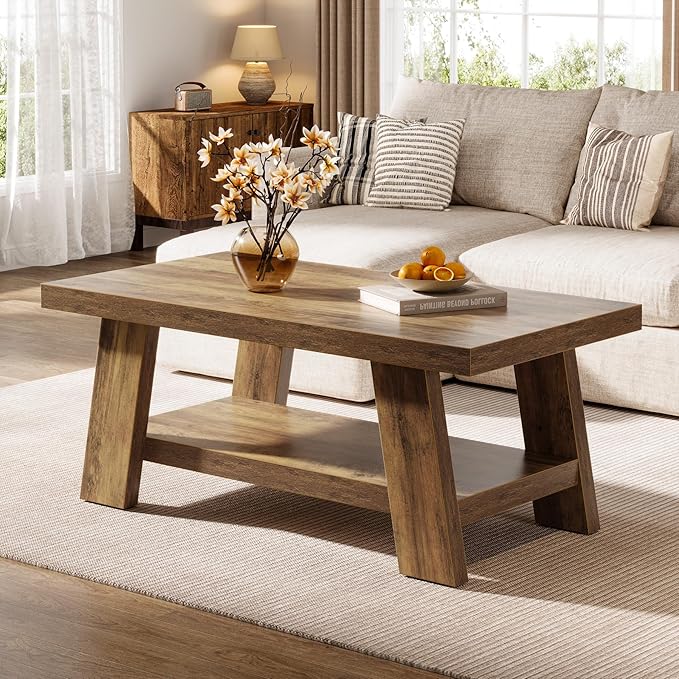 Living Room Furniture Tribesigns Farmhouse Coffee Tables for Living Room, 47.24" Rectangle Coffee Tables with Storage Shelves, Rustic Wooden Center Table for Apartment, Home Office