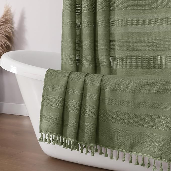 Bathroom Decor OVZME OVZME Sage Green Shower Curtain for Bathroom, Boho Linen Textured Shower Curtain with Tassel, Rustic Striped Heavy Duty Vintage Country Bathroom Curtain, 72Wx7